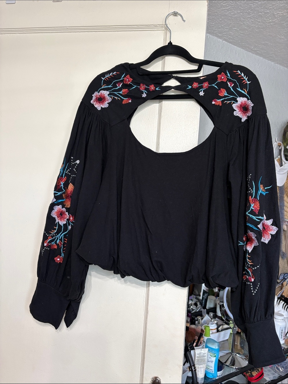 Free People Black Floral Embroidered Open-Back Peasant Blouse